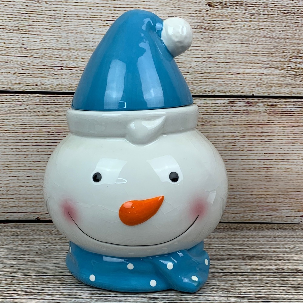 Snowman Cookie Jar with Lid Ceramic Holiday Christmas Decor Cute